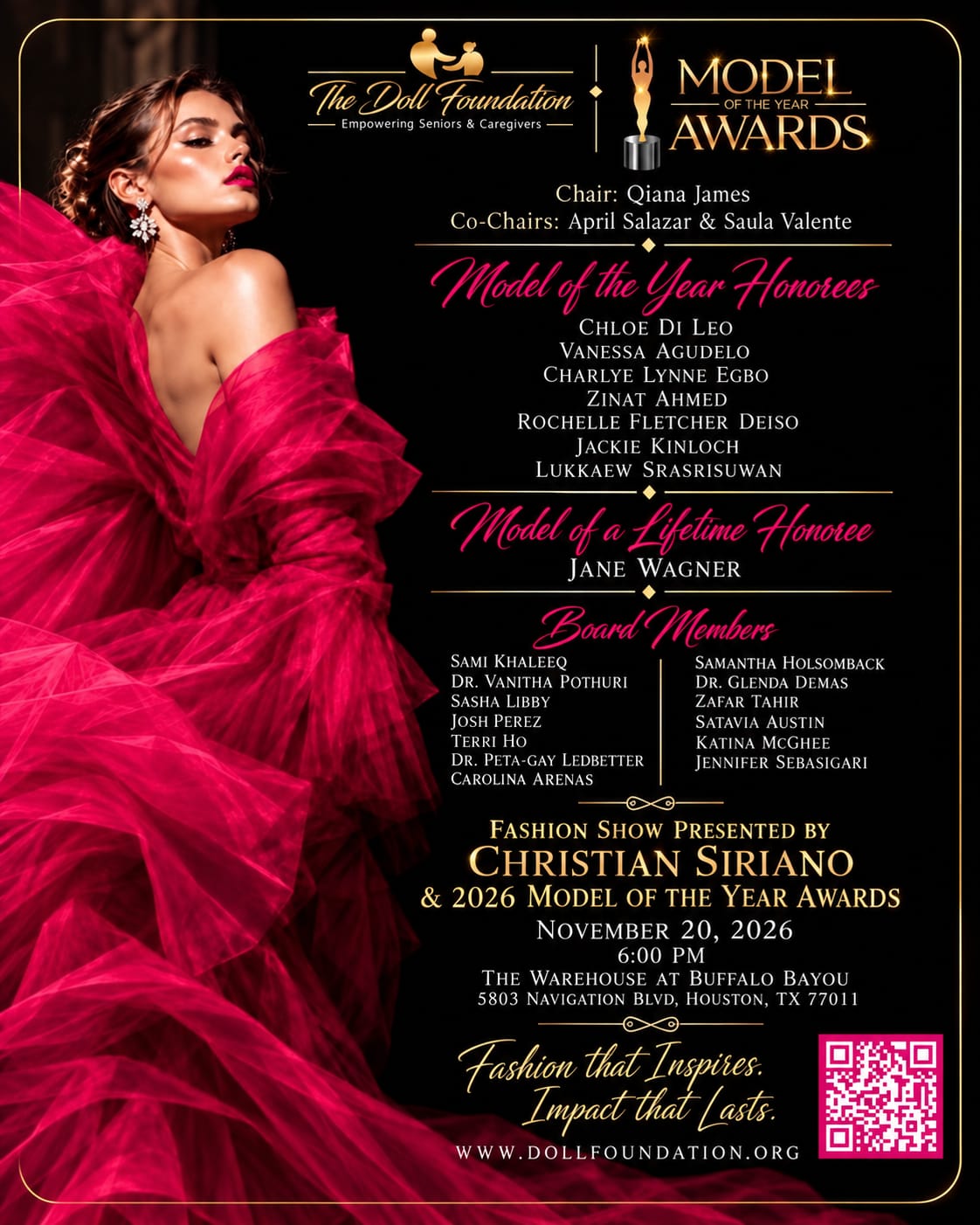 Christian Siriano fashion show and 2026 Model of the Year Awards invitation, page 2 – chair, co-chairs, honorees and board members